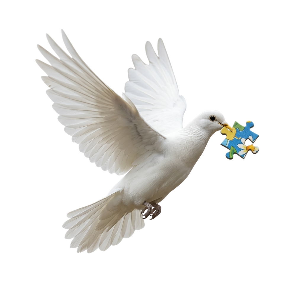 A white dove in flight holding a colorful puzzle piece in its beak against a black background