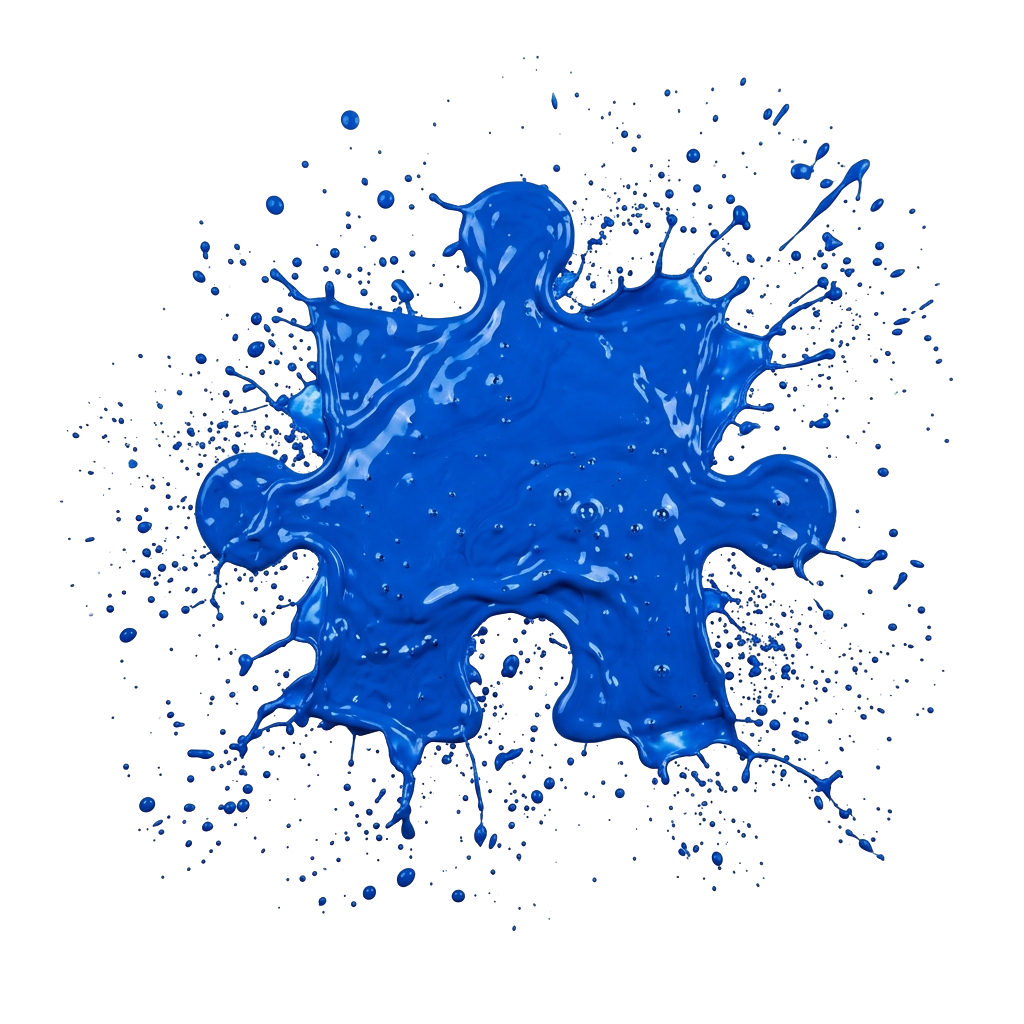 A vivid blue liquid splash with droplets spreading outward against a dark background