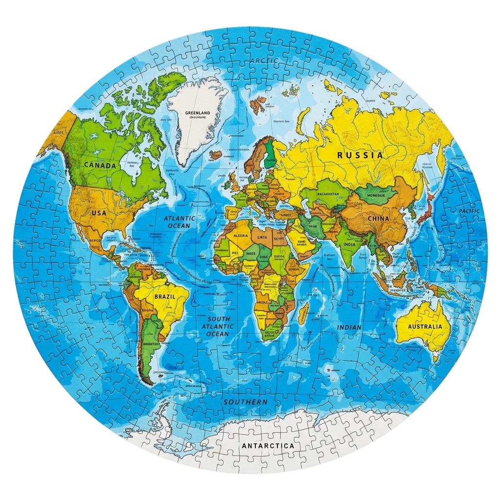 Colorful jigsaw puzzle map of the world displaying continents, countries, and oceans