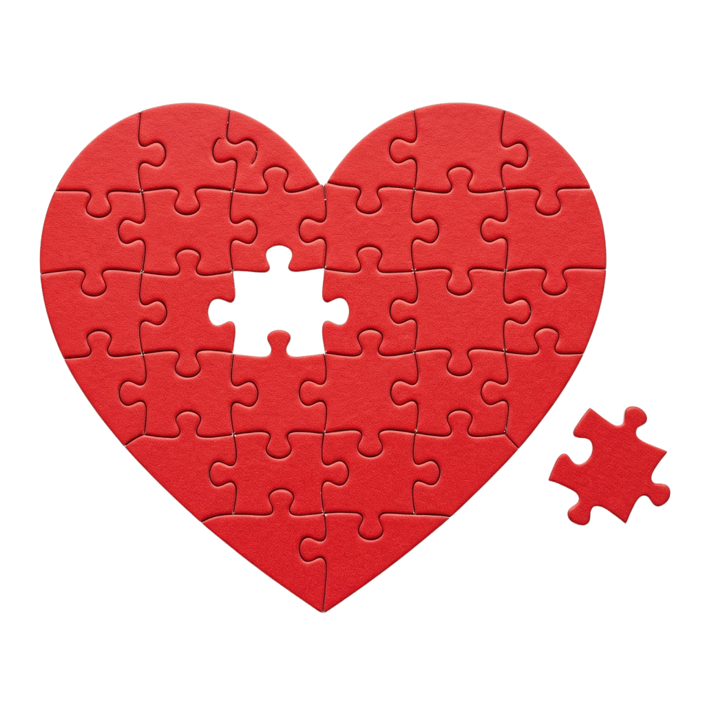 A red heart-shaped puzzle with one piece missing, shown separately on the right side