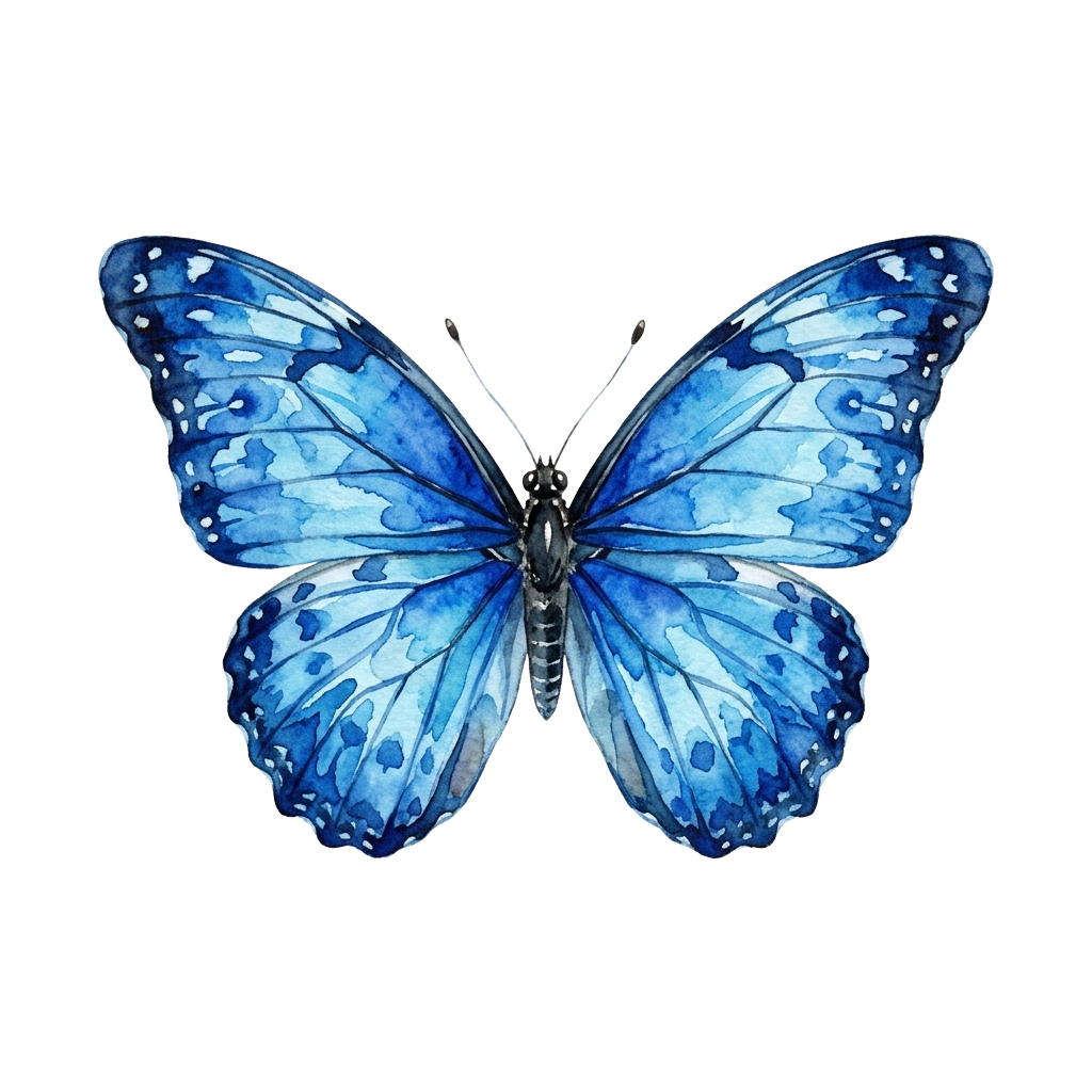 A stunning blue butterfly with iridescent wings displayed against a black background