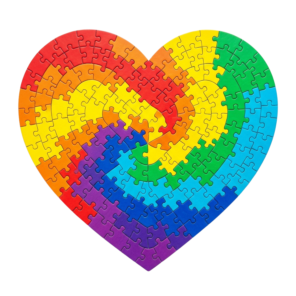 Heart-shaped puzzle made of interlocking rainbow-colored jigsaw pieces