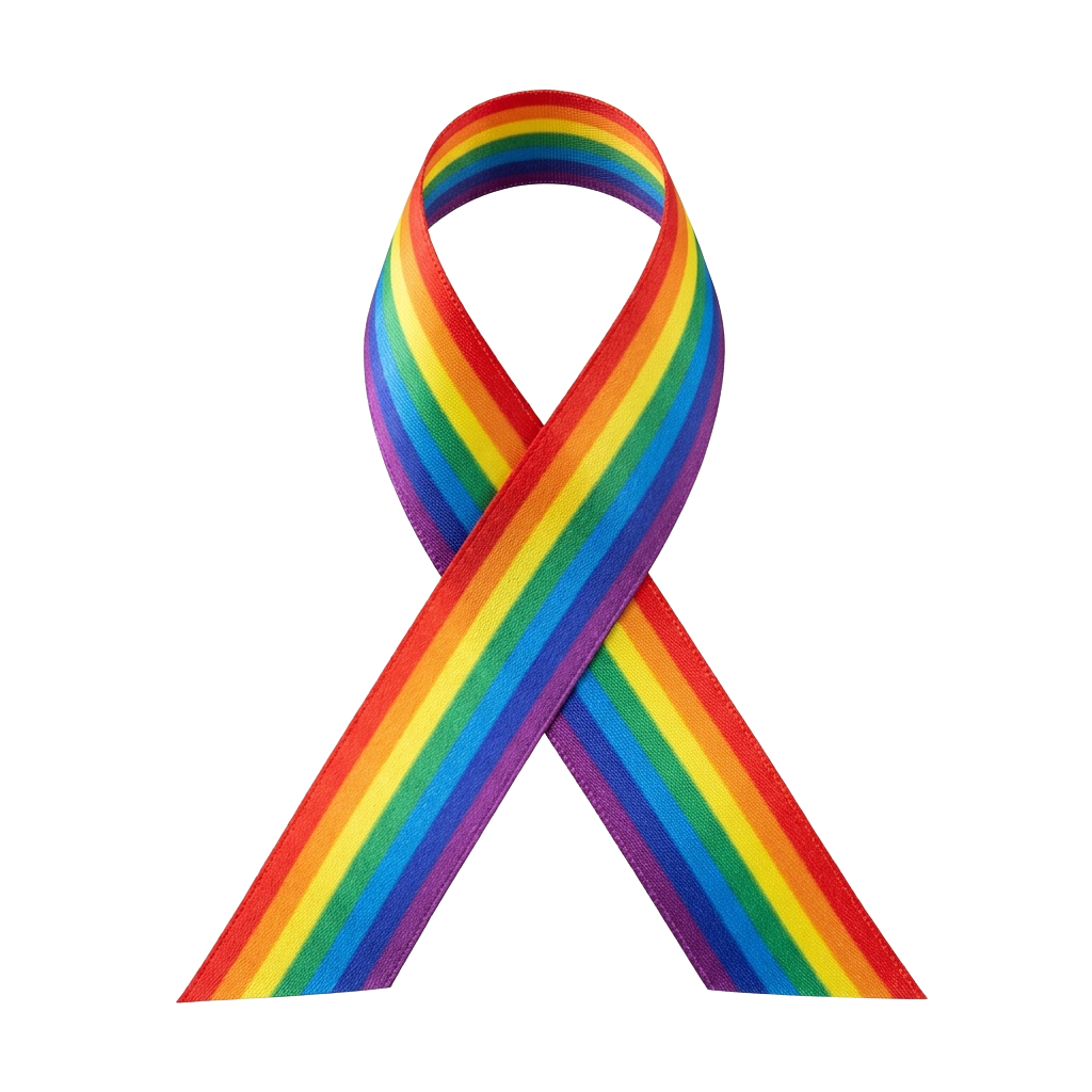 A colorful ribbon in red, orange, yellow, green, blue, and purple against a black background