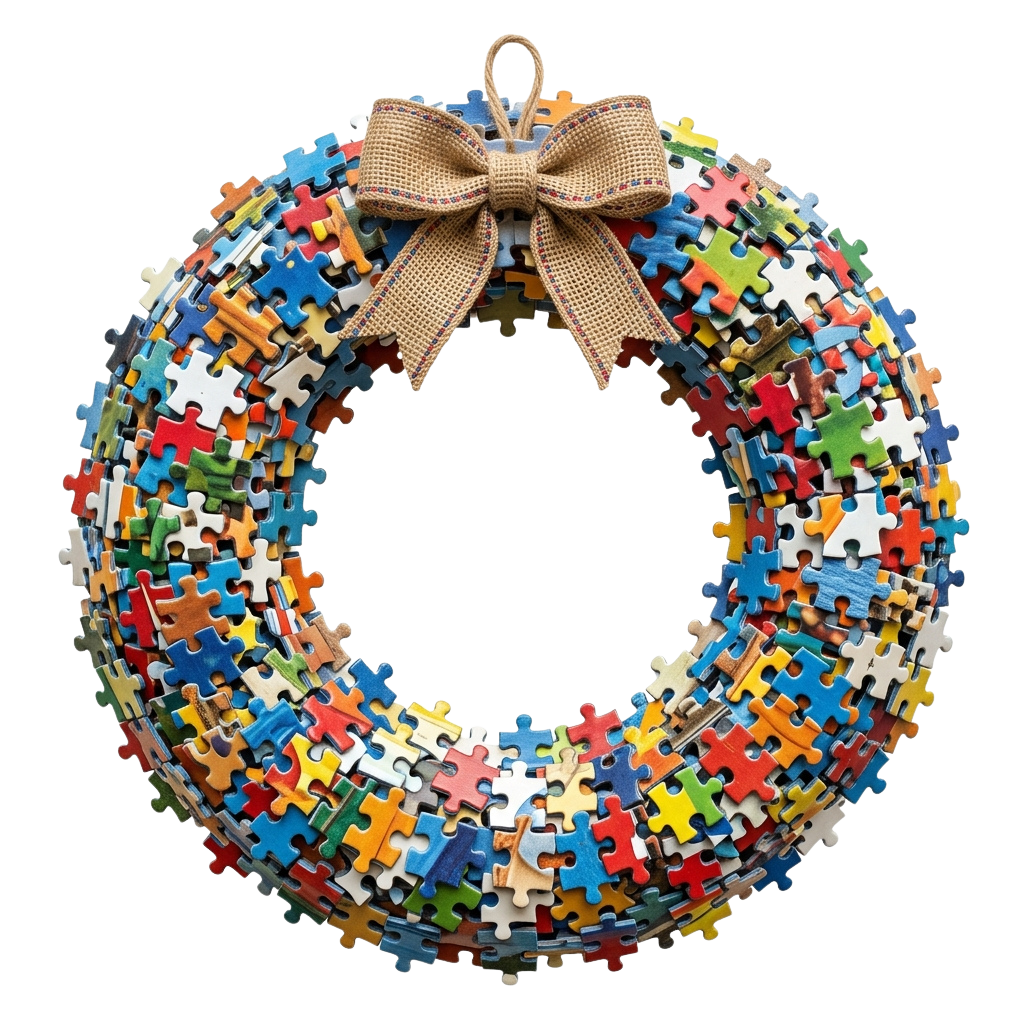 A circular wreath made of multicolored puzzle pieces with a beige ribbon bow on top