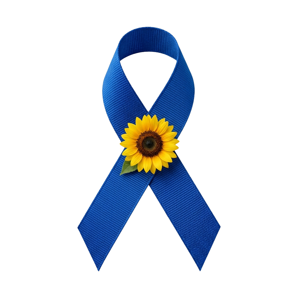 A blue ribbon with a yellow sunflower emblem pinned in the center