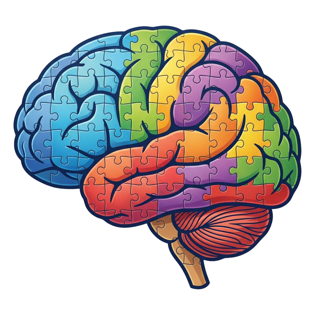 Illustration of a brain made from colorful puzzle pieces highlighting distinct brain regions
