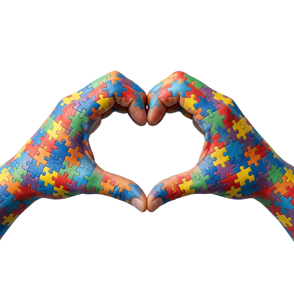 Two hands forming a heart shape with colorful puzzle pieces painted on them