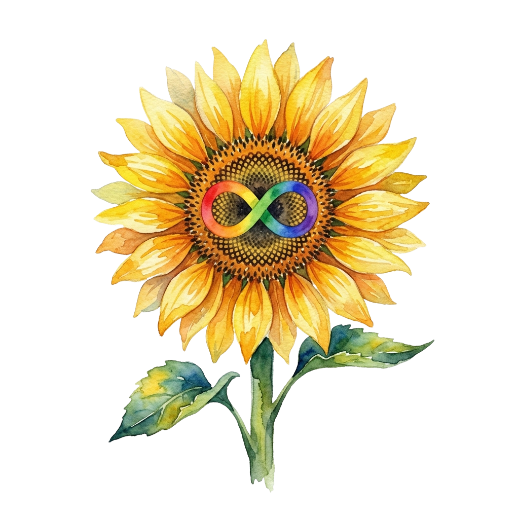Watercolor sunflower with colorful infinity symbol in its center on black background