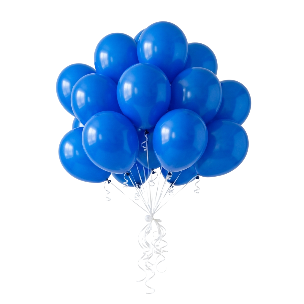 A group of bright blue balloons tied together with white strings against a dark background