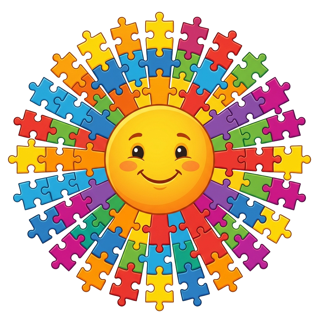 A cheerful smiling sun made from colorful jigsaw puzzle pieces radiating outward