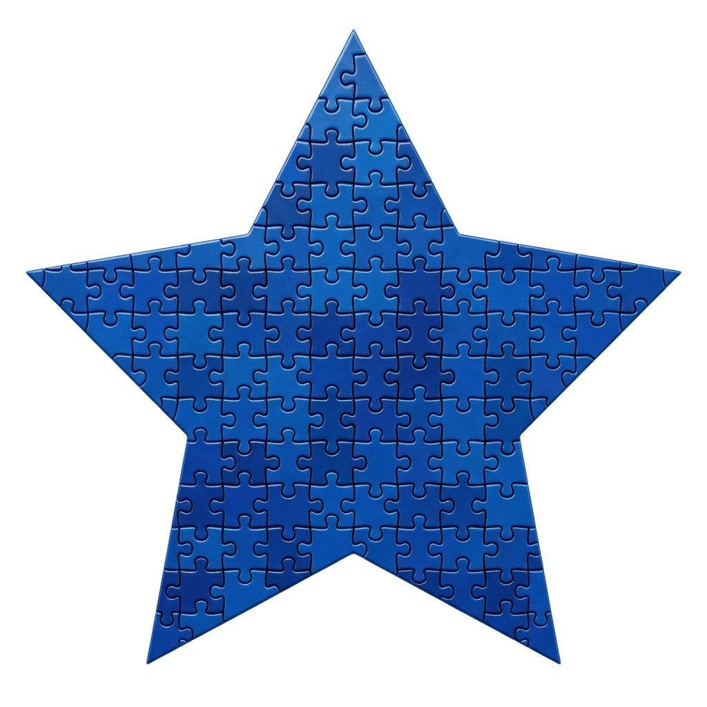 A star-shaped puzzle composed of interlocking blue puzzle pieces against a black background