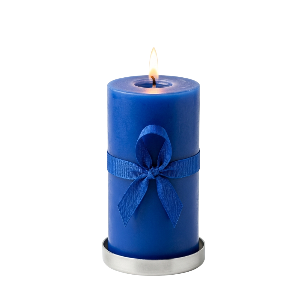 A lit blue candle wrapped with a decorative bow on a white base