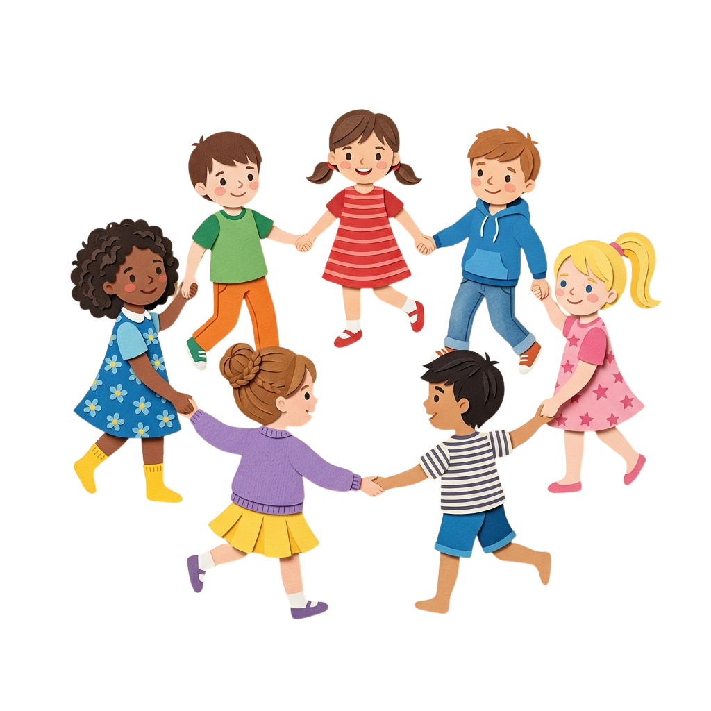 Six diverse children holding hands in a circle, smiling and walking together.