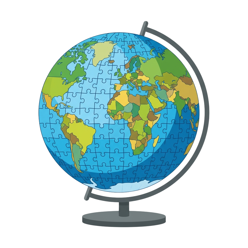 A colorful globe made of puzzle pieces showing continents and oceans.