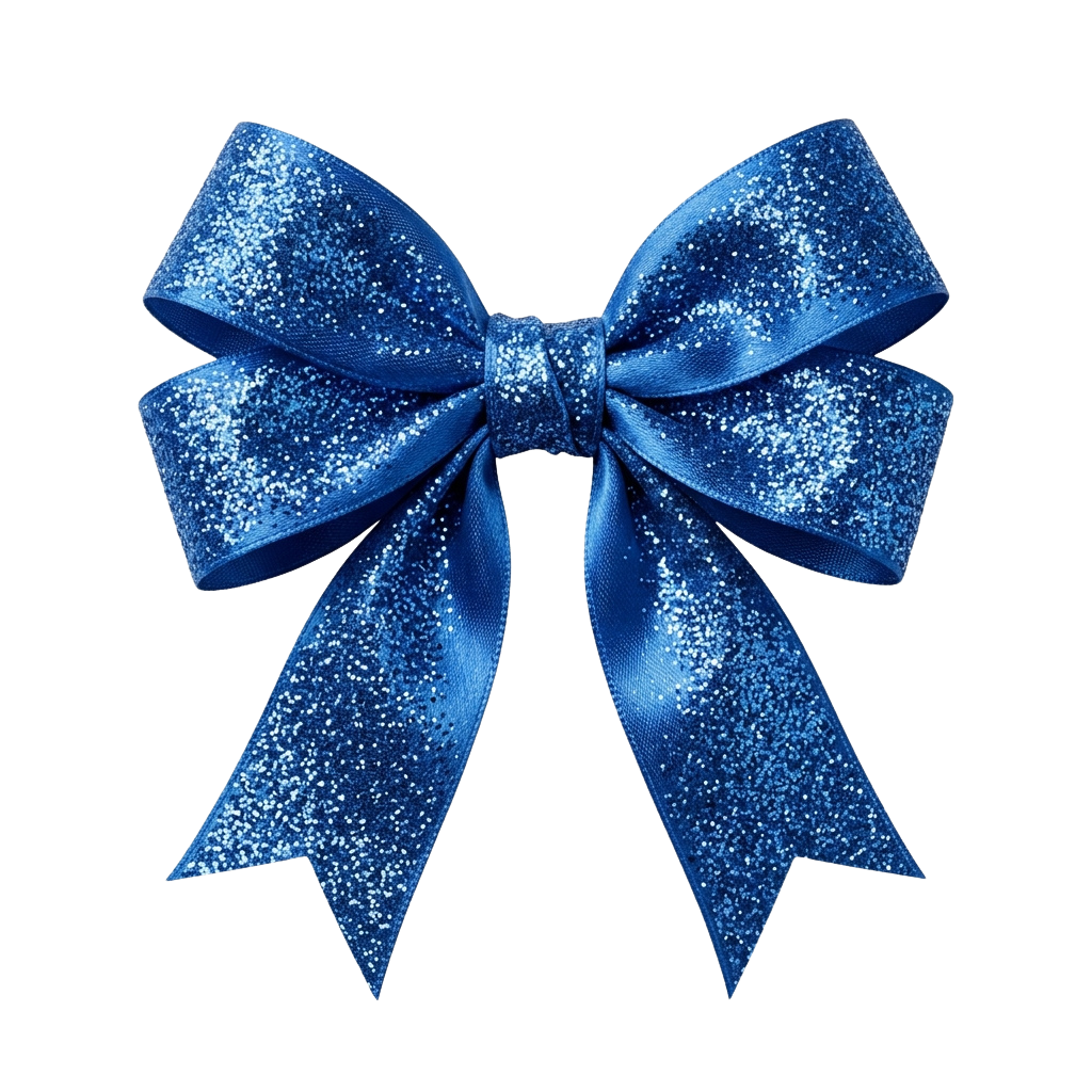 A shiny blue glitter bow ribbon tied in a decorative knot against a dark background