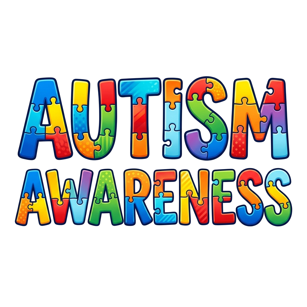 Colorful puzzle piece letters spelling AUTISM AWARENESS on black background