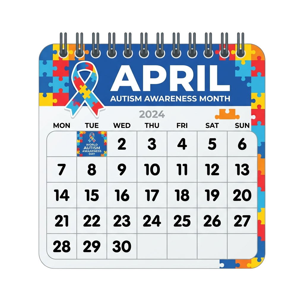 April 2024 calendar page highlighting Autism Awareness Month with puzzle pieces and ribbon symbols