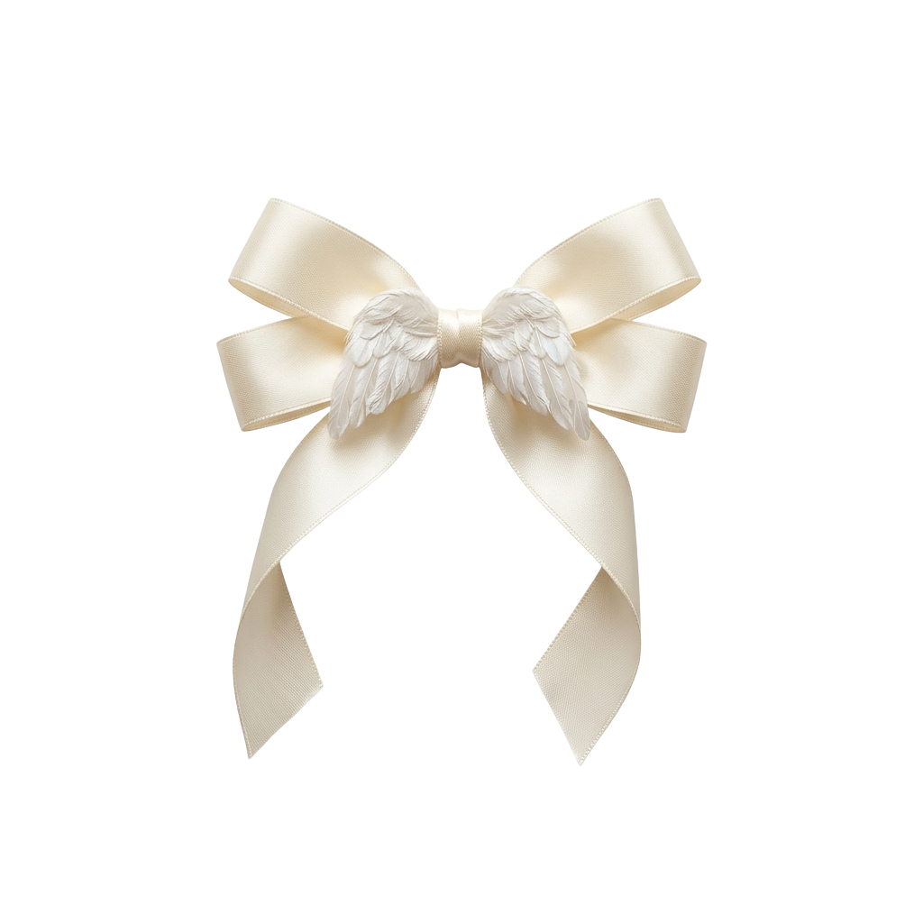 A light beige satin bow tied with two white angel wing decorations in the center