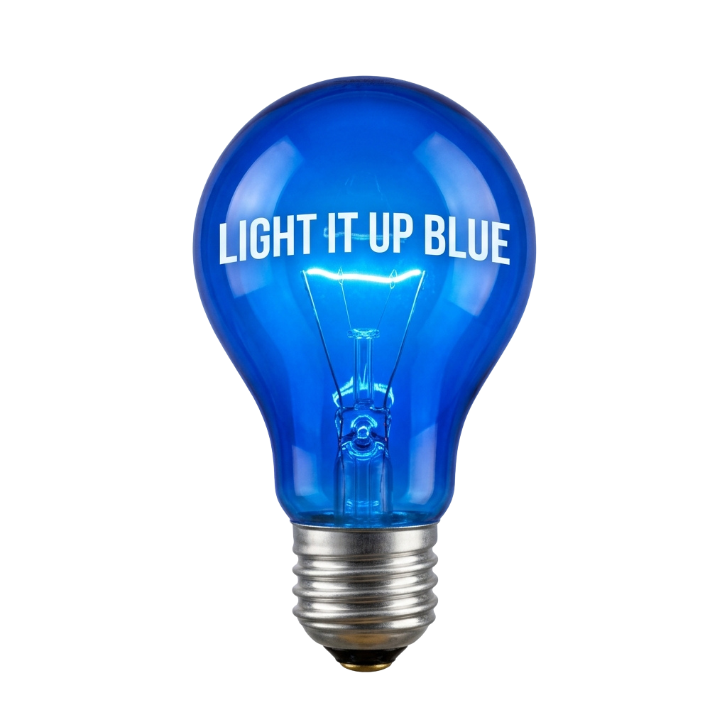 Blue light bulb with glowing filament and white text reading Light It Up Blue