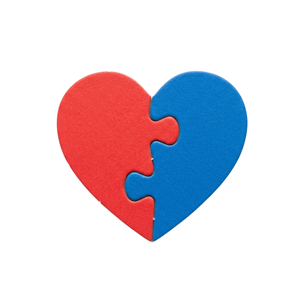 A heart shape divided into red and blue puzzle pieces against a black background