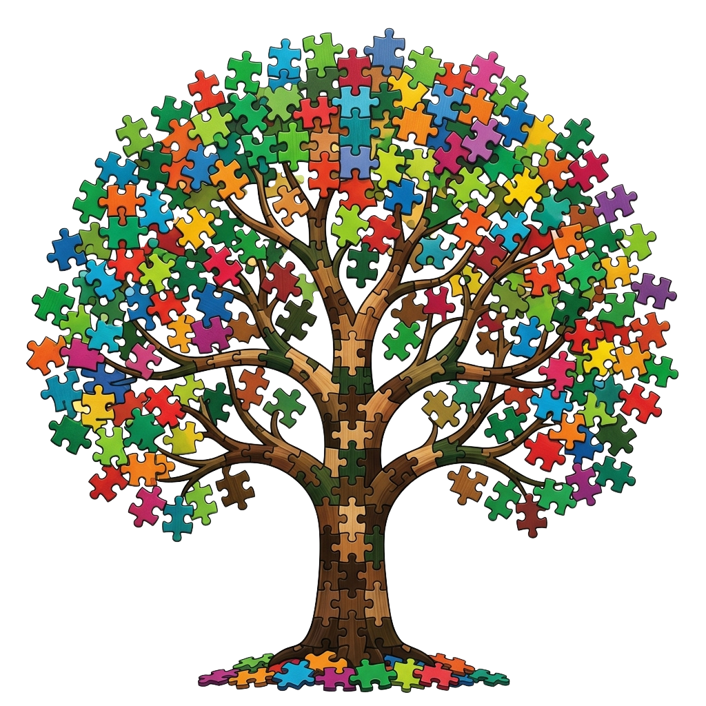 A tree made entirely of colorful jigsaw puzzle pieces against a black background