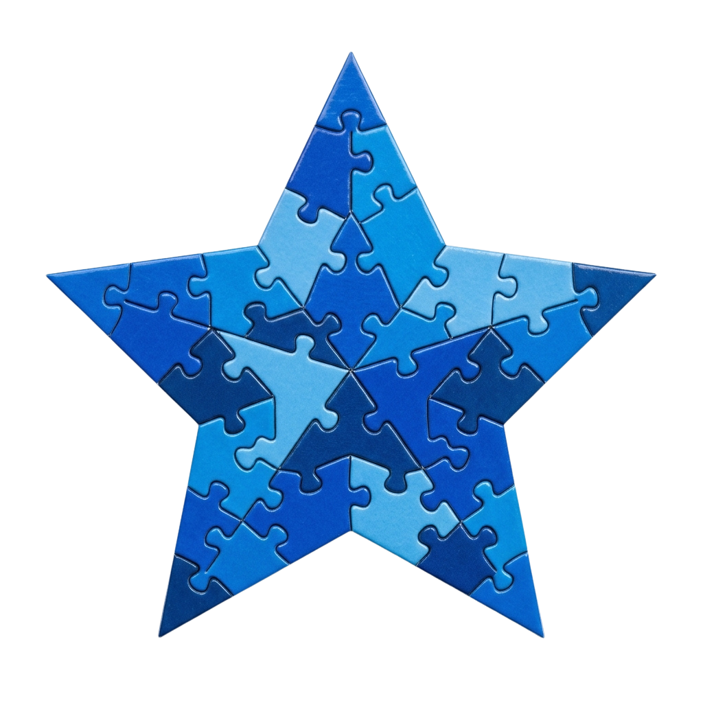 A star-shaped puzzle made of interlocking blue puzzle pieces on a black background