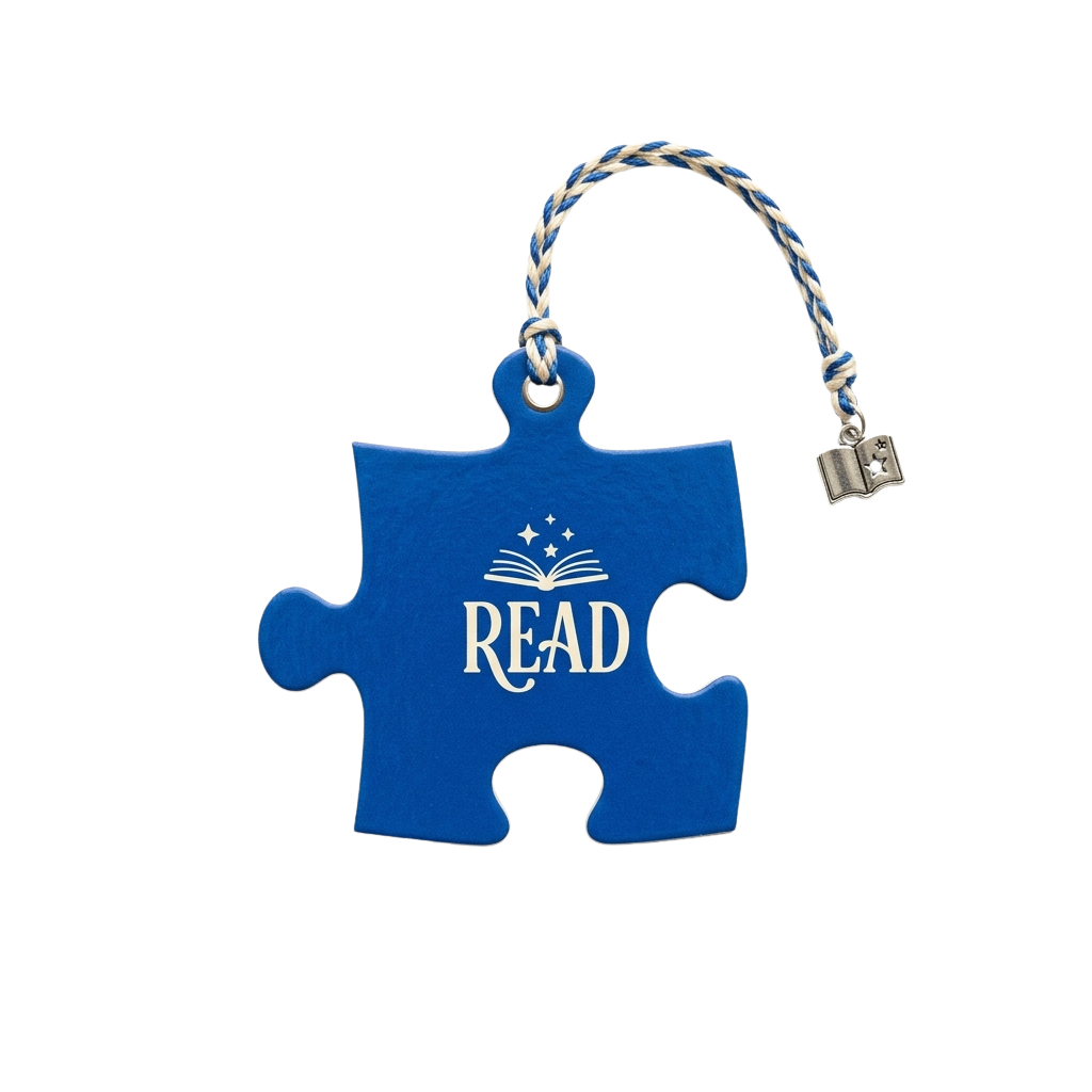 Blue puzzle-shaped keychain with the word READ and an open book icon
