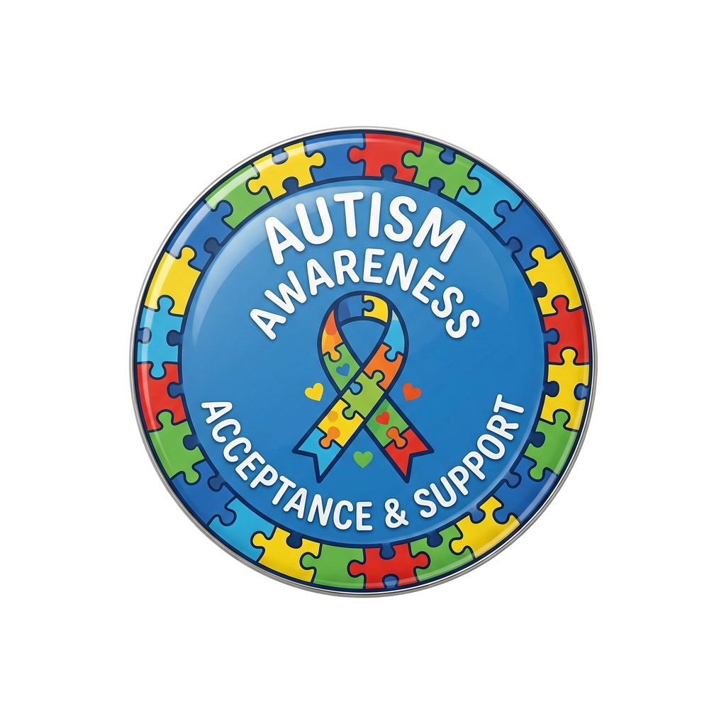 Autism awareness button with puzzle pieces and rainbow ribbon symbolizing acceptance and support