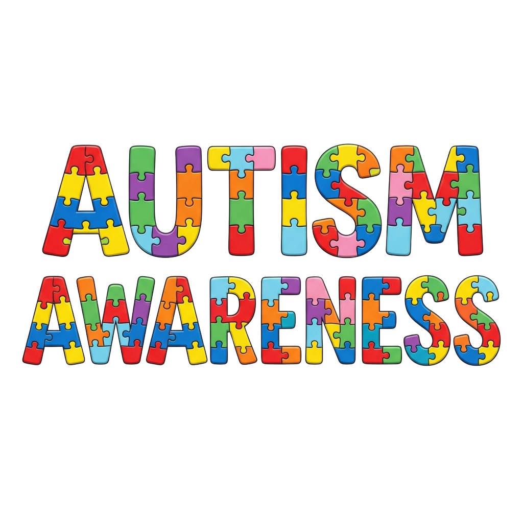 Colorful puzzle piece letters spelling Autism Awareness on black background