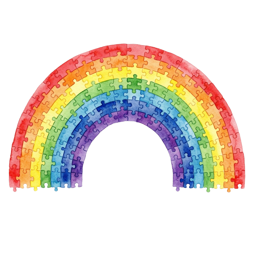 A vibrant rainbow arch made entirely of puzzle pieces in red, orange, yellow, green, blue, and purple colors