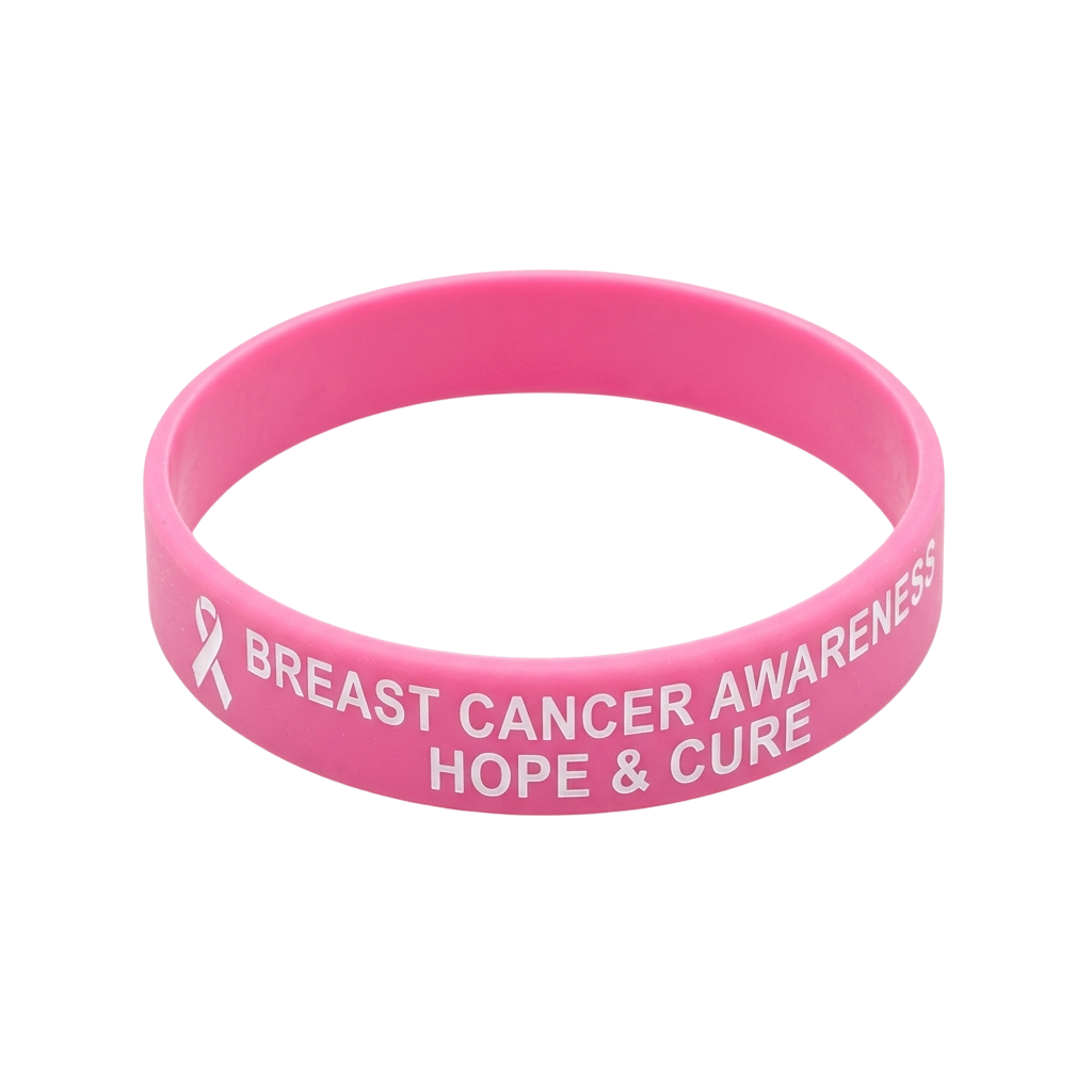 Pink wristband with breast cancer awareness ribbon and text reading Breast Cancer Awareness Hope Cure