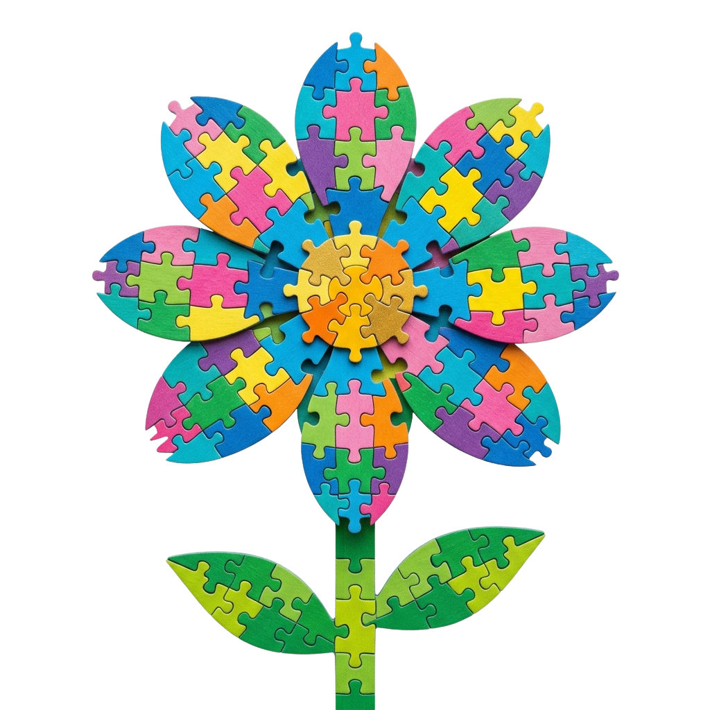 A vibrant flower made entirely of interlocking puzzle pieces in various bright colors against a black background