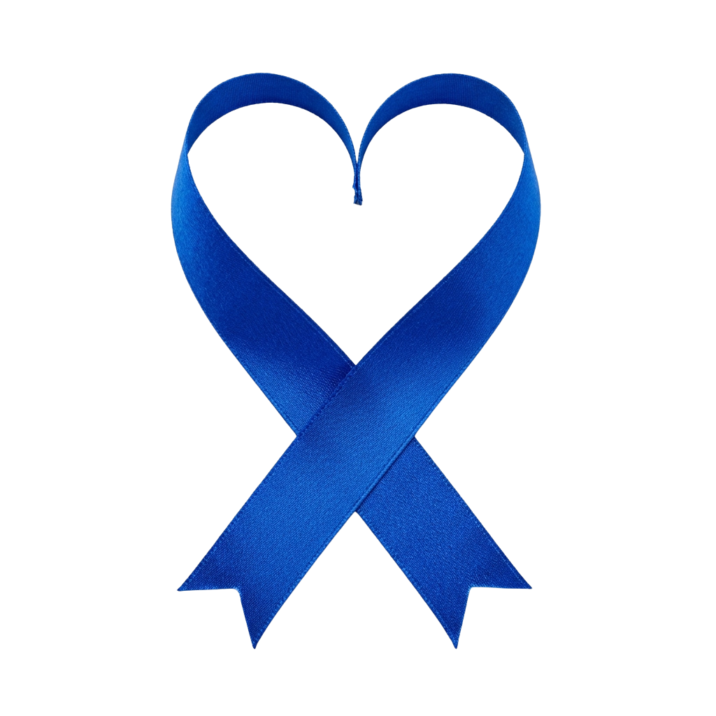 A solid blue ribbon symbol on a black background