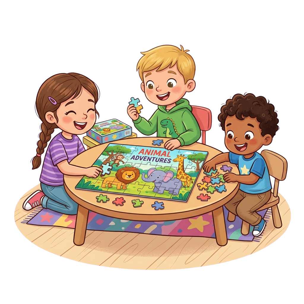 Three children happily assembling an animal-themed puzzle at a table with puzzle pieces and a box nearby