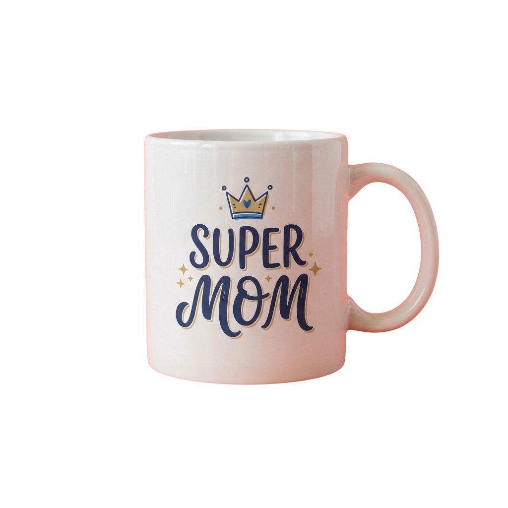 Pink ceramic mug with Super Mom text and a crown graphic on the front