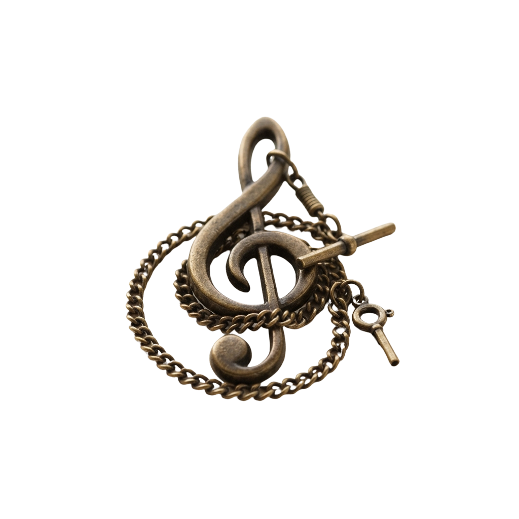 A decorative keychain featuring a treble clef symbol with a rope-like texture and a small key attached.