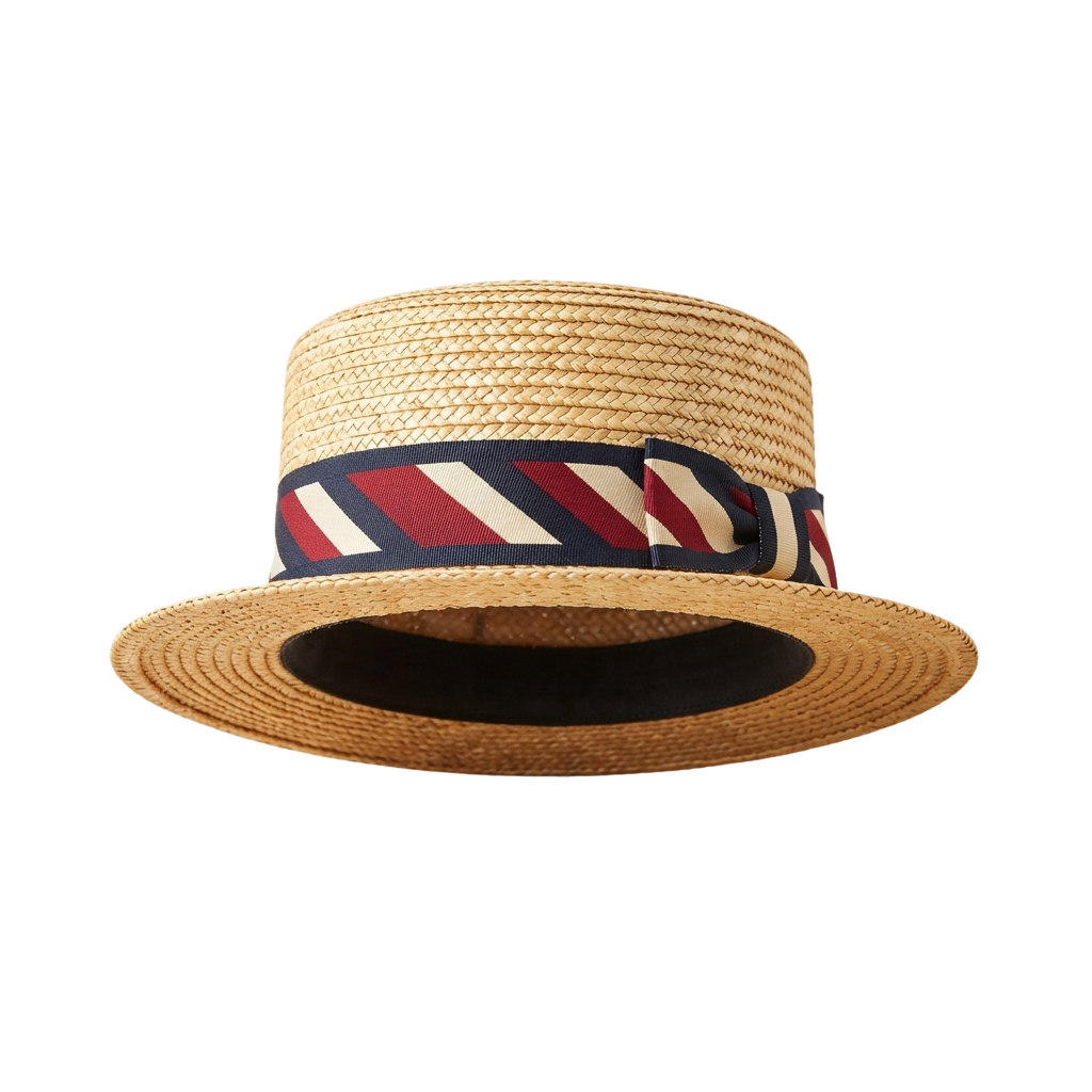 A light brown straw fedora hat with a dark blue, white, and red diagonal striped band around the base