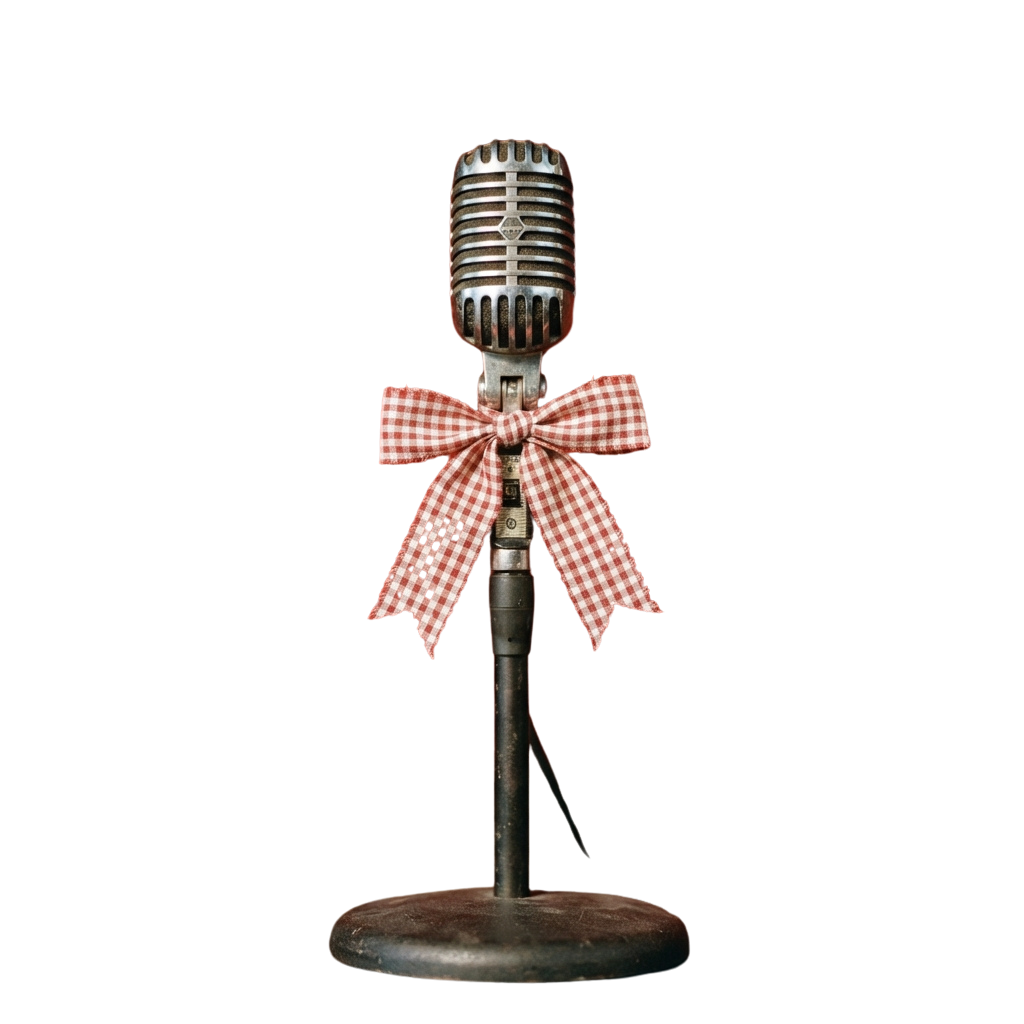 A classic microphone with a red and white checkered bow tied around its base