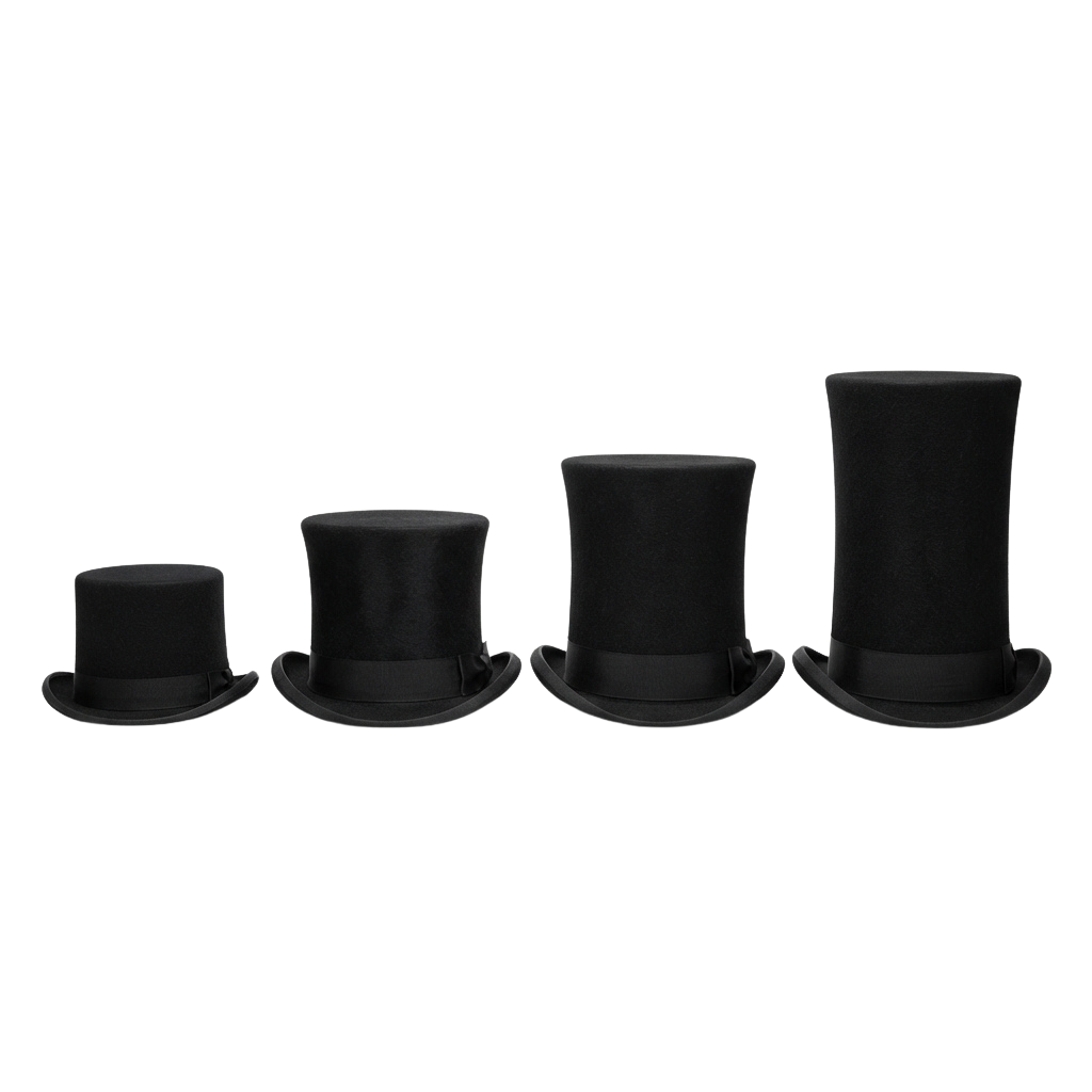Four black top hats of increasing height displayed side by side on black bases.