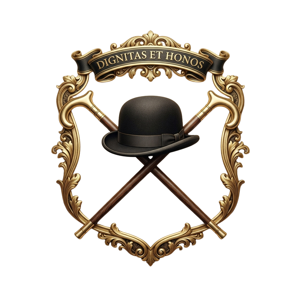A decorative emblem featuring a black top hat and crossed canes framed in ornate gold, with the Latin motto Dignitas et Honos above