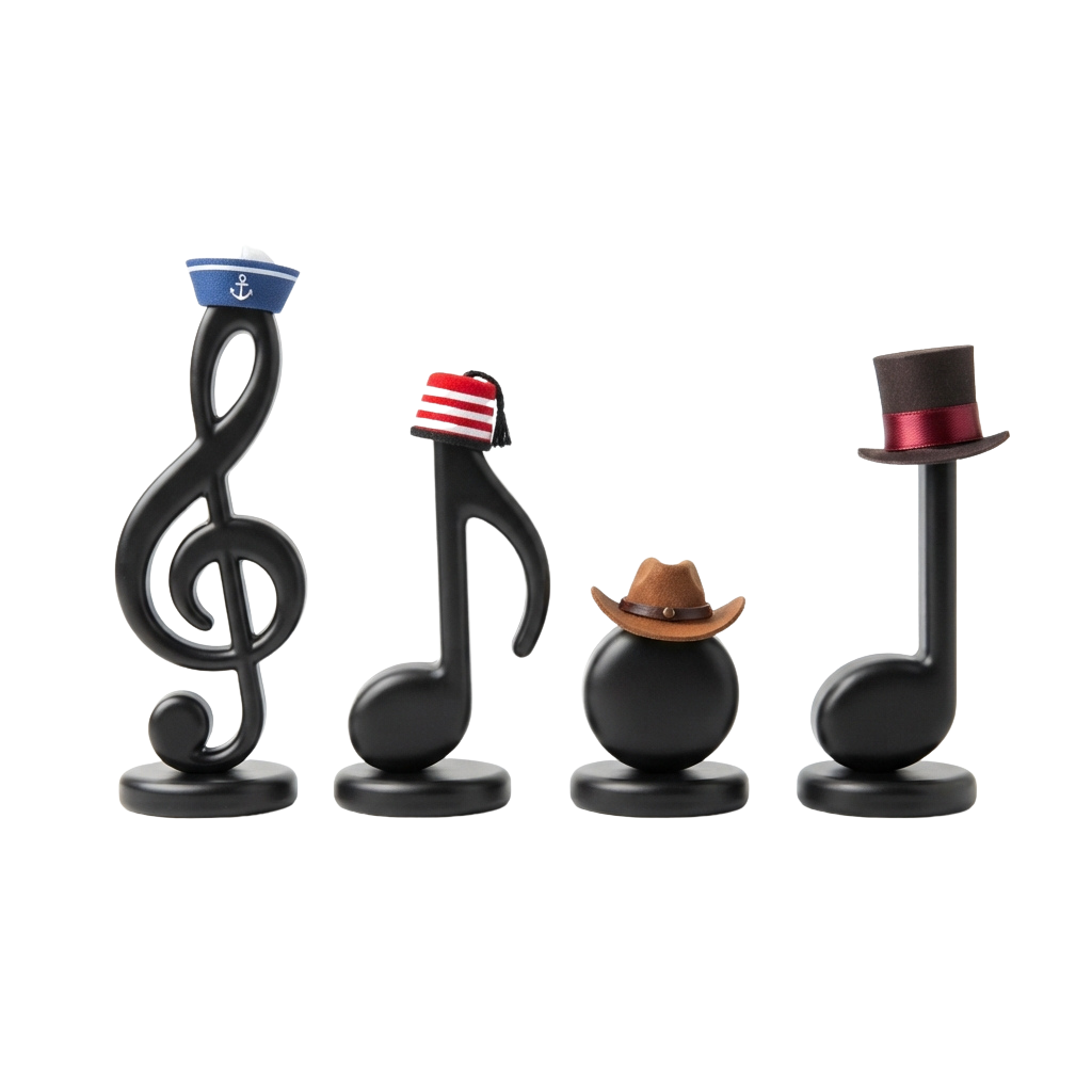 Four black figurines shaped like musical notes wearing different hats and accessories on round bases.