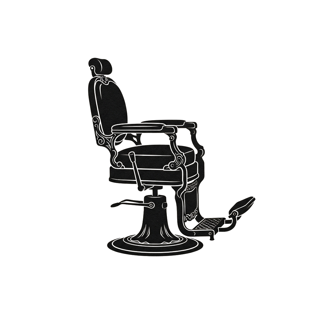 A classic barber chair with a high backrest, footrest, and attached razor holder