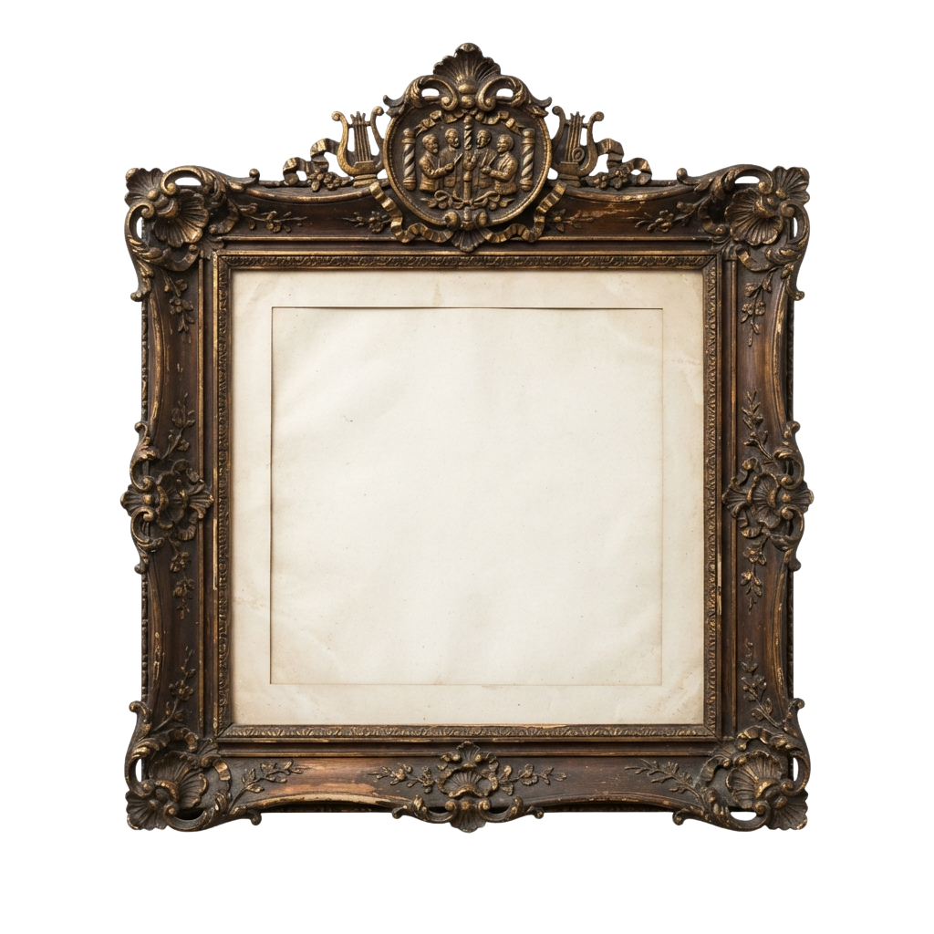 An ornate gold-colored picture frame with intricate carvings and a central decorative crest.