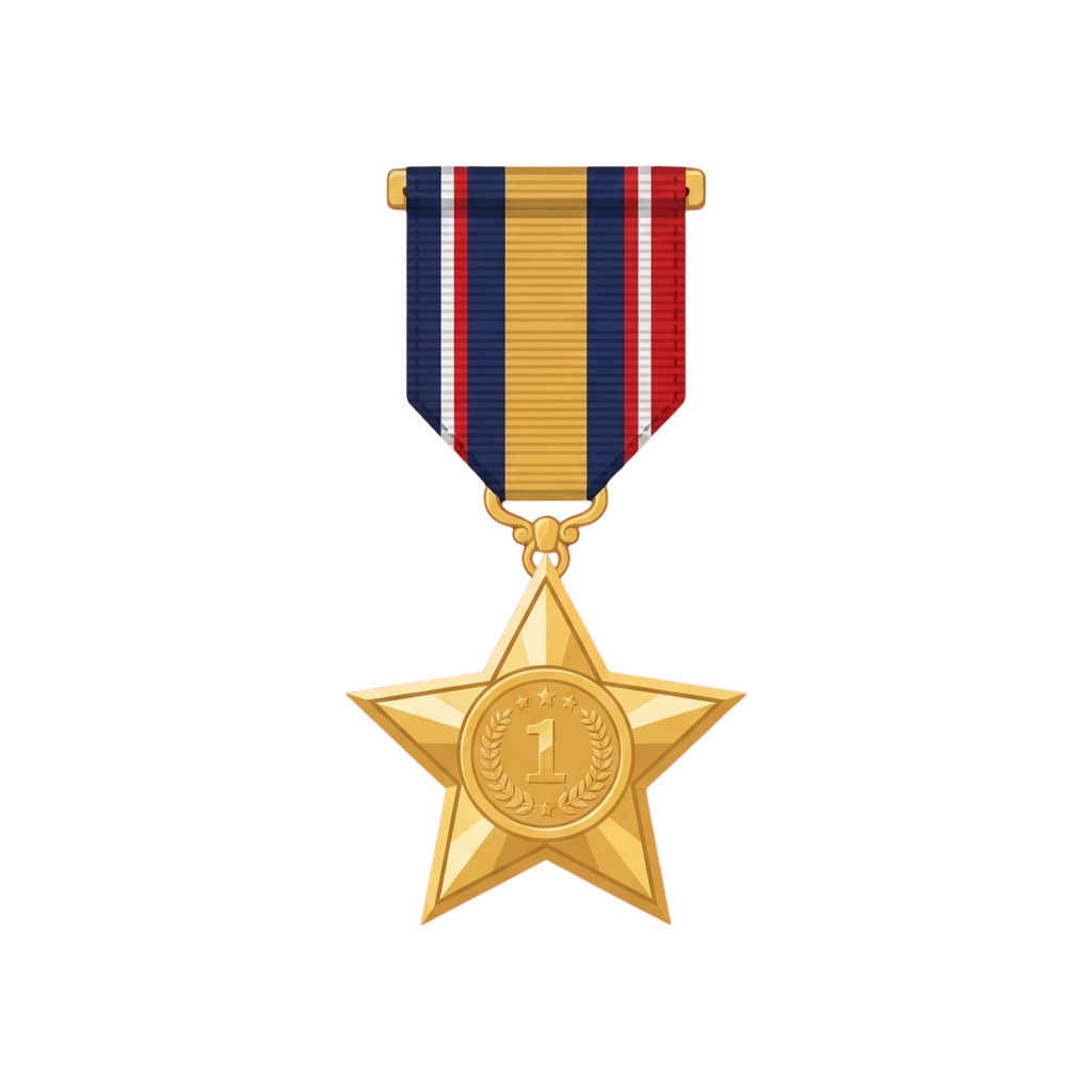 Golden star-shaped military medal with a number one emblem and a ribbon featuring red, white, and blue stripes