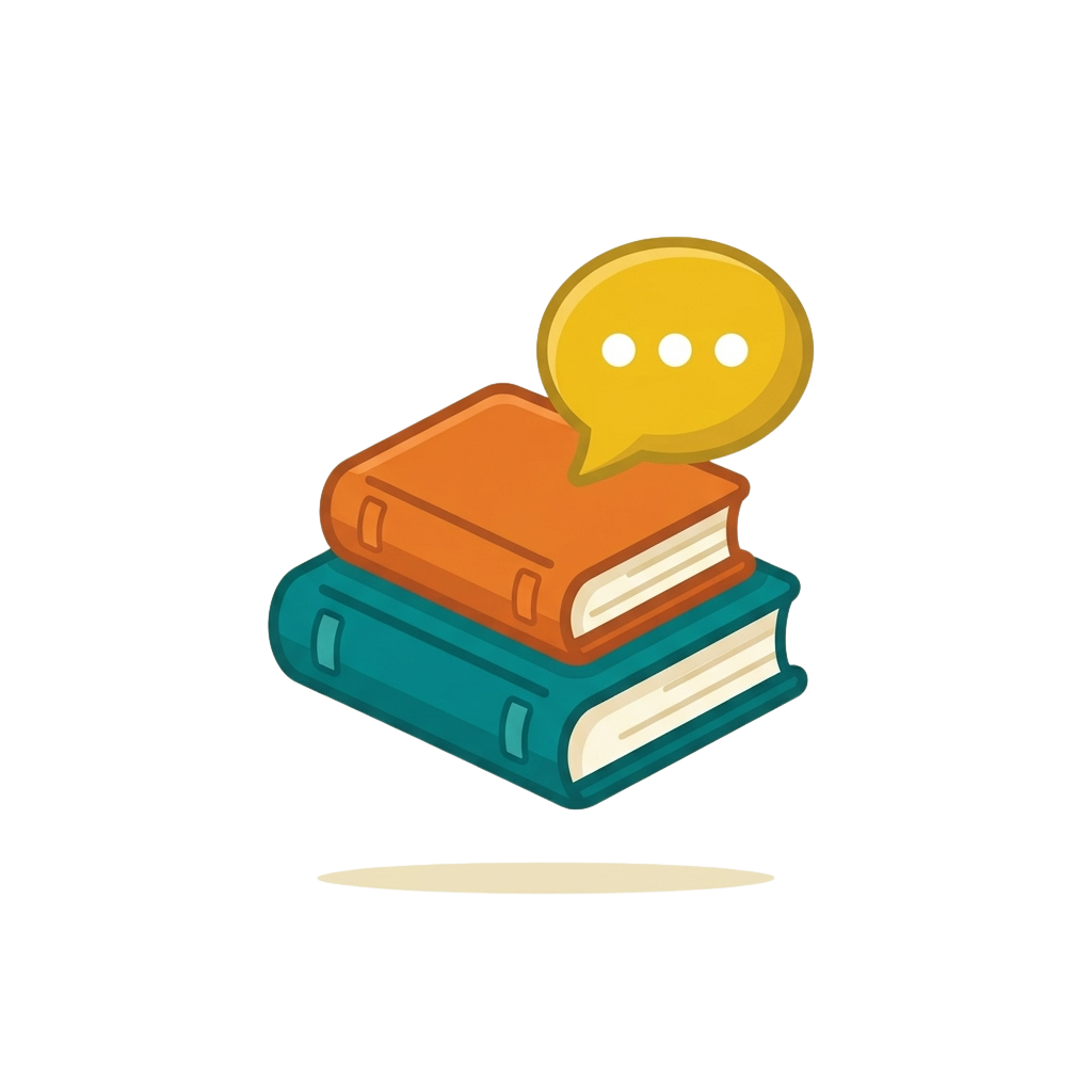 Two stacked books with a yellow speech bubble containing three dots above them