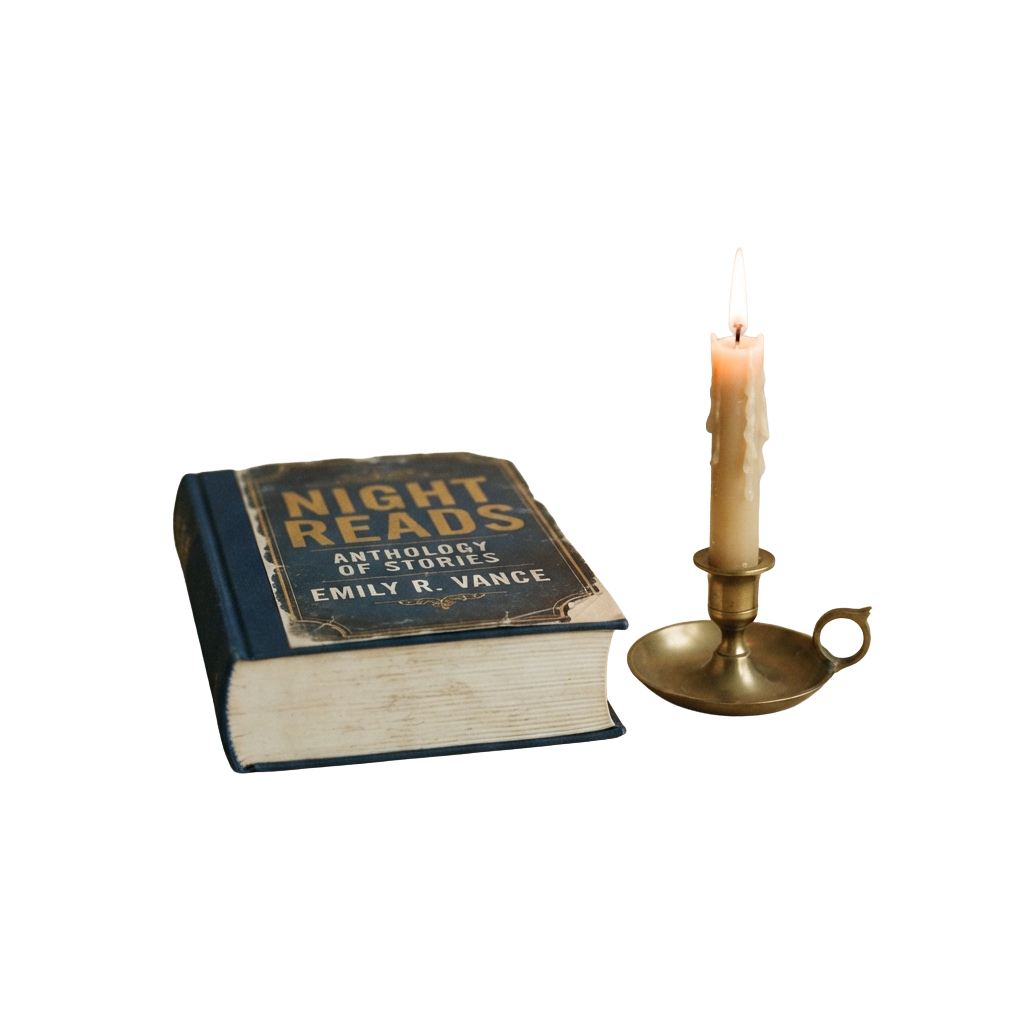 Aged book titled Night Reads with a lit candle beside it on a dark background