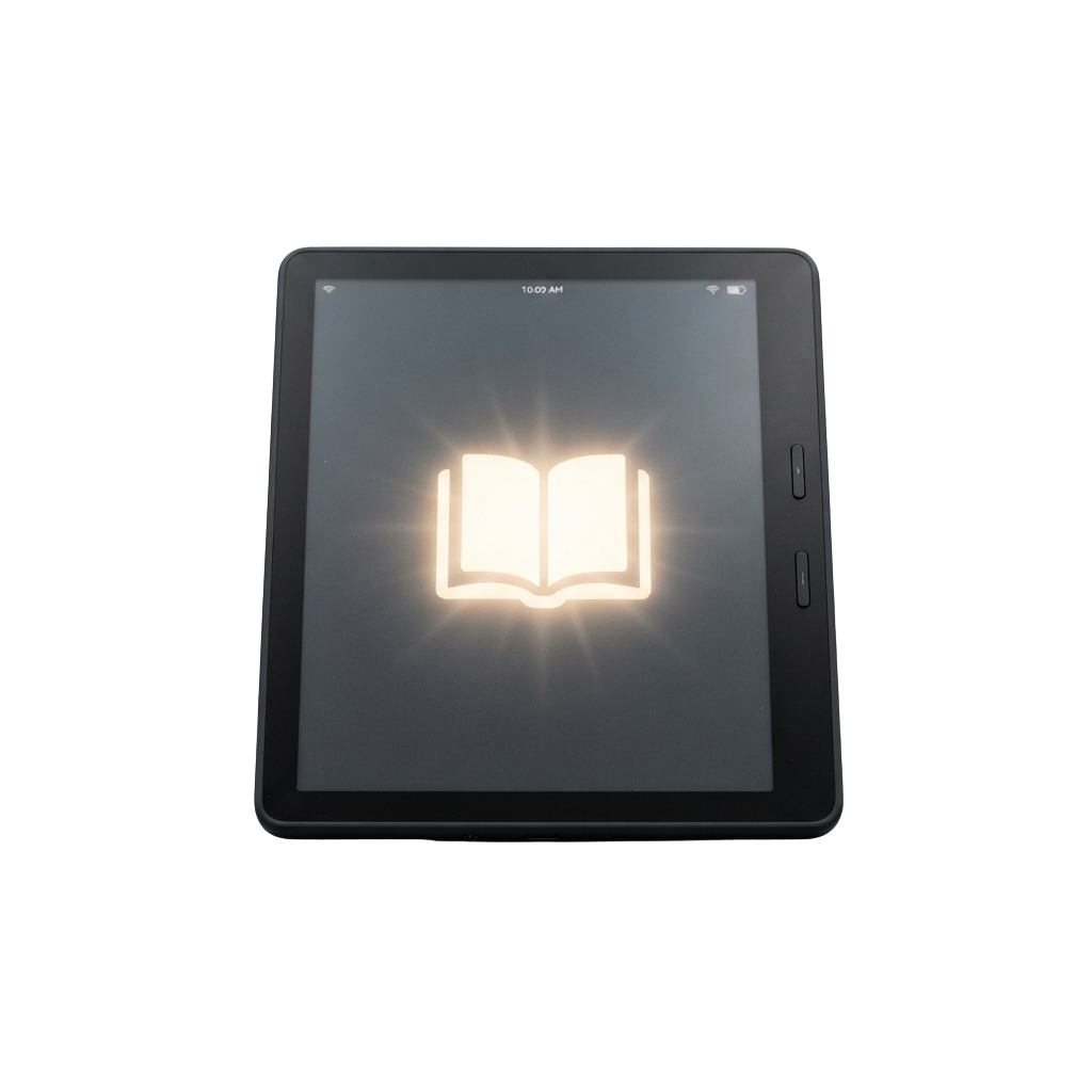 A tablet screen showing a glowing open book icon on a dark background