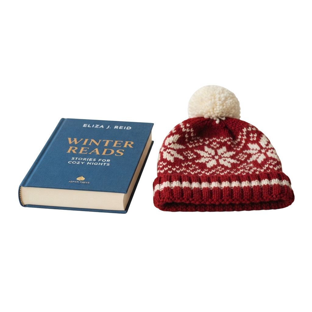 A blue book titled Winter Reads next to a red and white knitted beanie with a pom pom