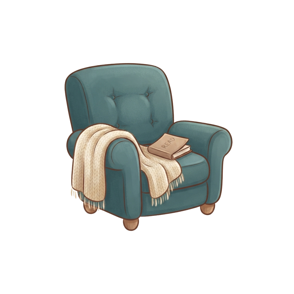 A teal armchair with a cream knit throw and two books resting on it