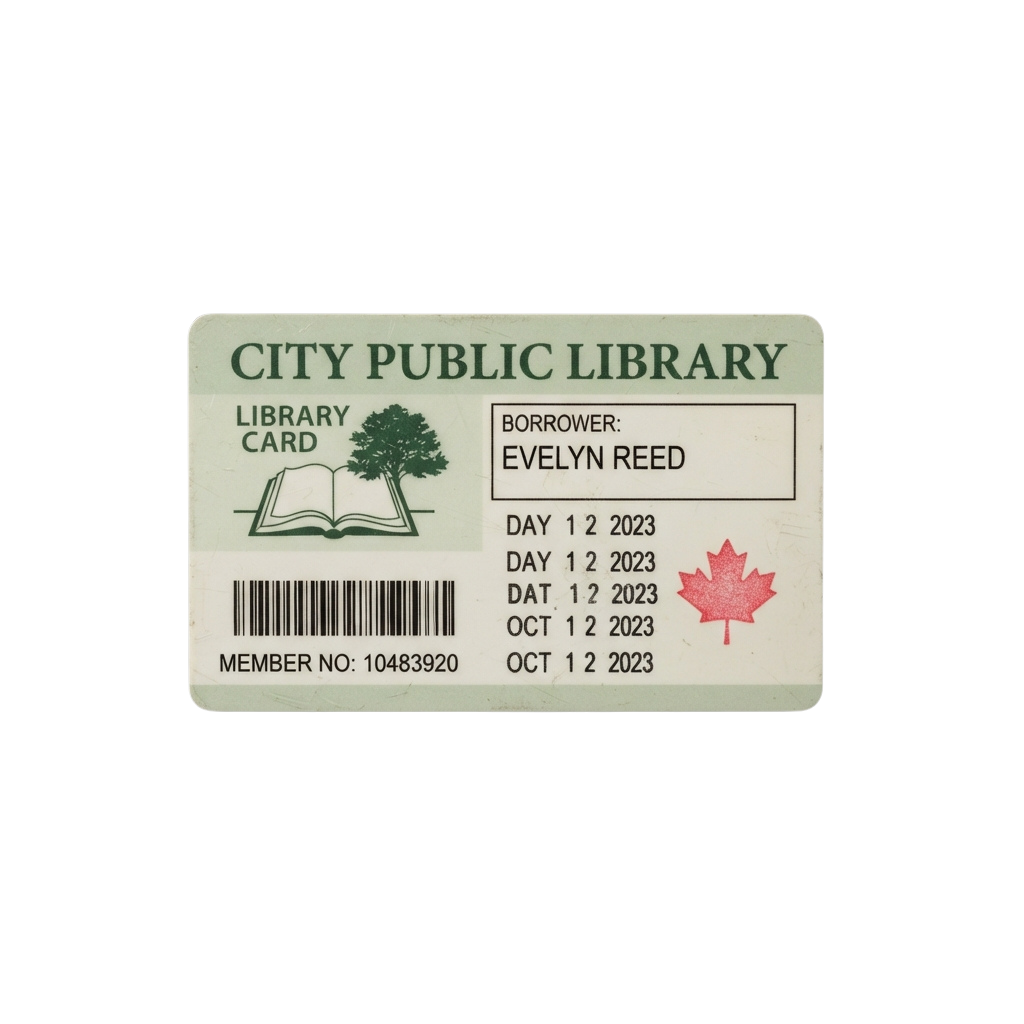 Library card displaying borrower name, member number, and expiry date from a city public library